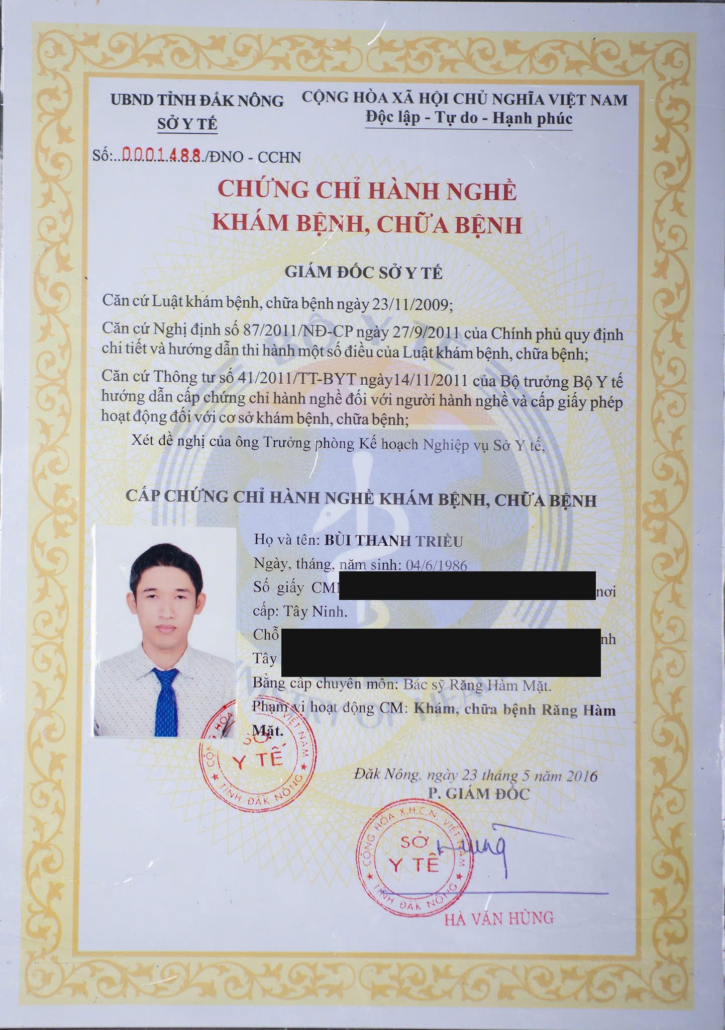 Chứng chỉ hành nghề khám chữa bệnh chuyên khoa Răng Hàm Mặt của bác sĩ Bùi Thanh Triều