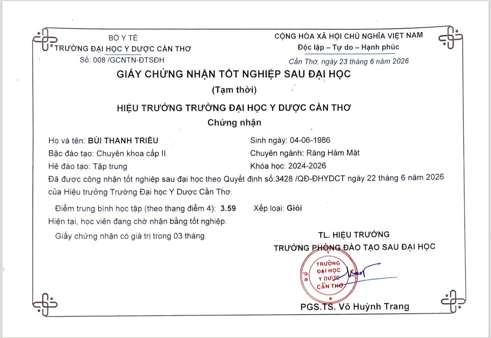 Giấy chứng nhận tốt nghiệp Chuyên khoa II Răng Hàm Mặt loại Giỏi Đại học Y Dược Cần Thơ