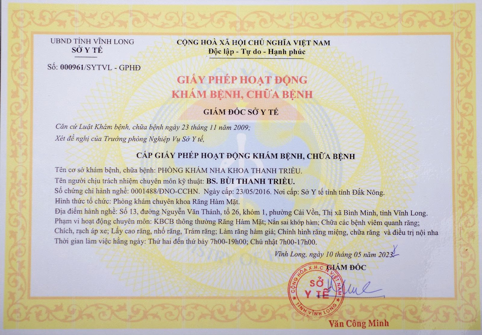 Giấy phép hoạt động khám chữa bệnh của Nha khoa Thanh Triều do Sở Y tế cấp