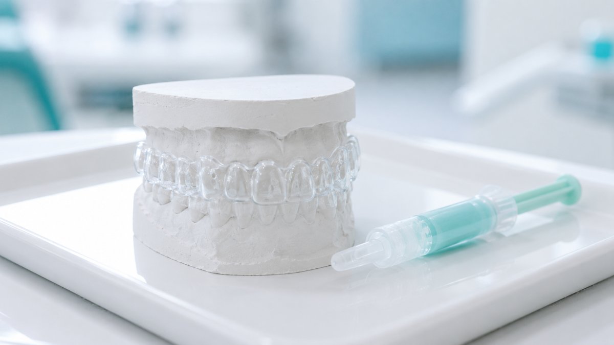 Máng tẩy trắng răng trong suốt trên mẫu hàm thạch cao cùng ống bơm gel tẩy trắng đặt trên khay y tế