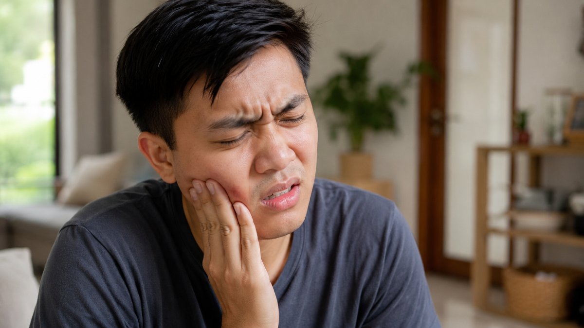 Người đàn ông trẻ ôm má vì đau răng khôn mọc lệch ở hàm trong cùng
