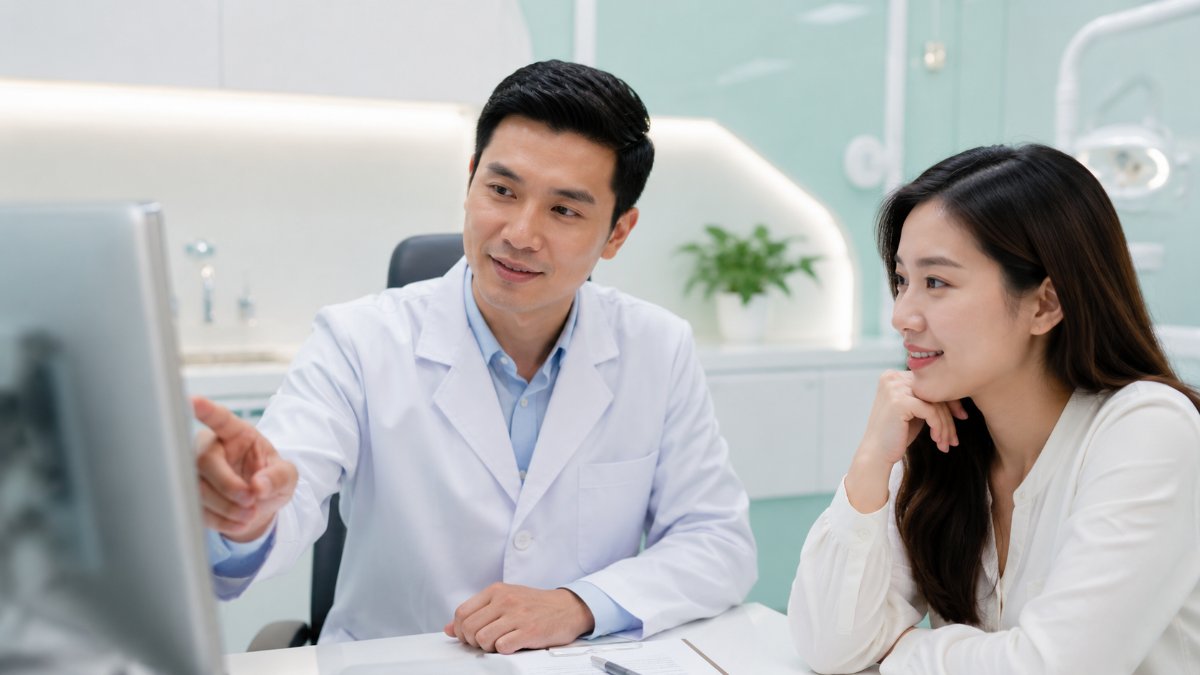 Bác sĩ nha khoa trao đổi với khách hàng về kết quả chụp phim răng khôn tại phòng tư vấn