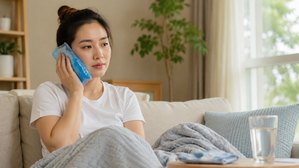 Phụ nữ trẻ chườm túi lạnh lên má trong thời gian hồi phục sau khi nhổ răng khôn