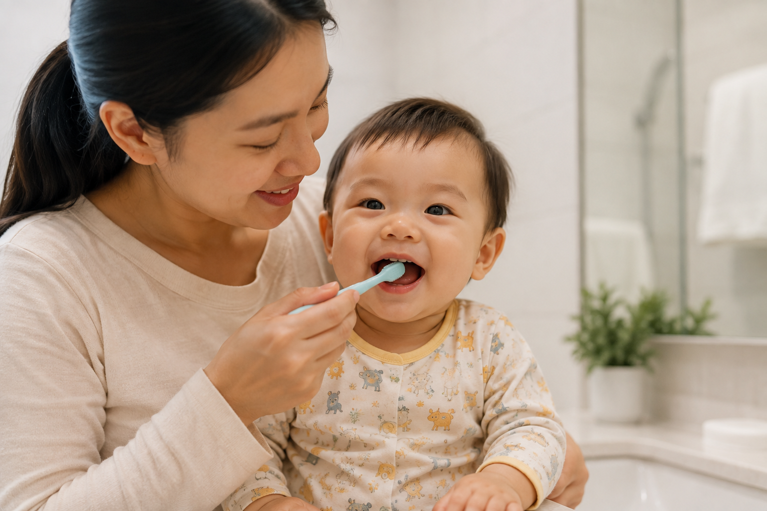 Ba mẹ nhẹ nhàng chải răng và chăm sóc răng miệng cho bé tại nhà