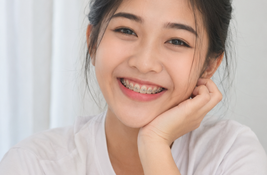 Cô gái trẻ mỉm cười tự tin với mắc cài niềng răng
