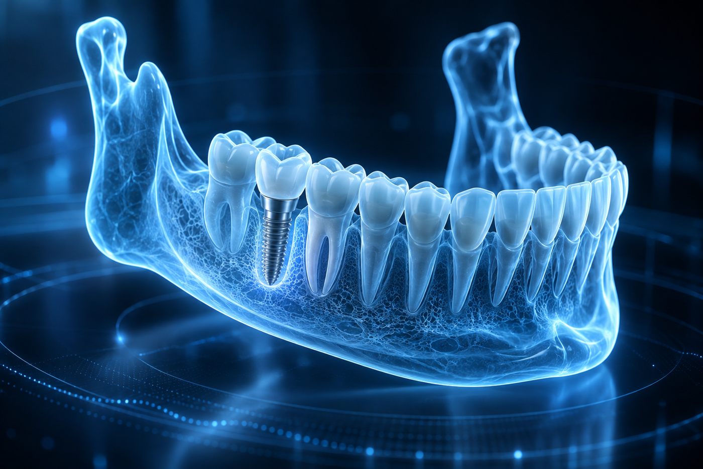 Mô hình hàm răng 3D phát sáng thể hiện lập kế hoạch đặt trụ implant có AI hỗ trợ