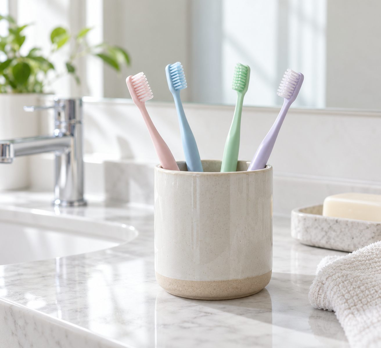 Nhiều bàn chải đánh răng cắm dựng đứng, tách riêng trong giá để khô thoáng