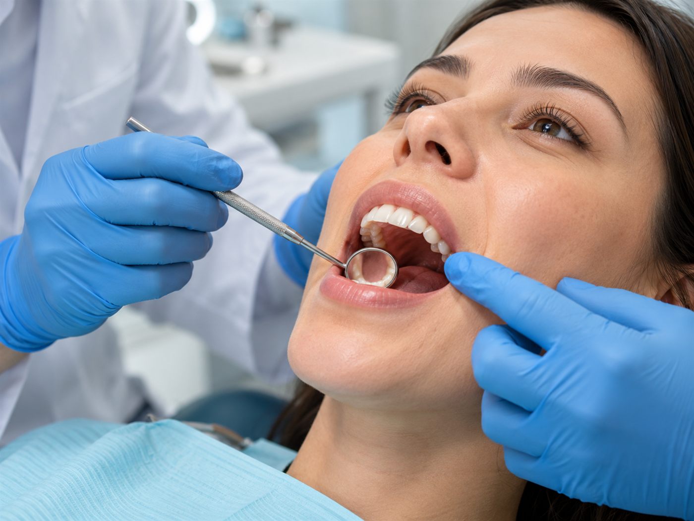 Bác sĩ dùng gương nha khoa quan sát mô mềm lưỡi và niêm mạc miệng bệnh nhân