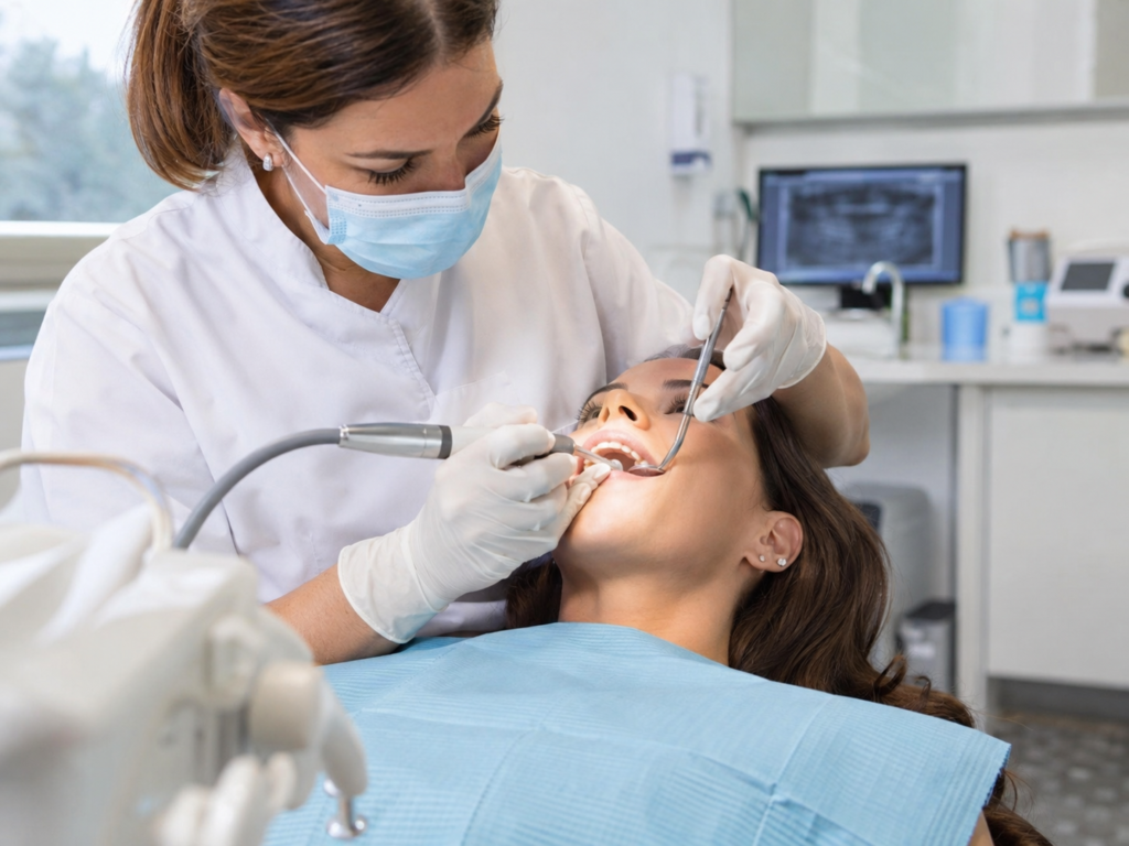 Bác sĩ khám răng và cạo vôi định kỳ cho bệnh nhân