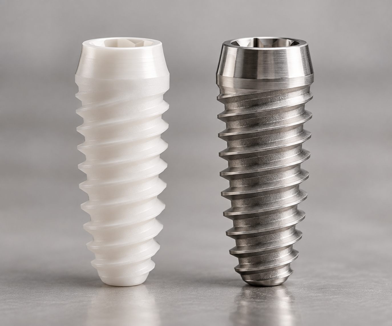 Cận cảnh trụ implant gốm zirconia màu trắng đặt cạnh trụ implant titanium kim loại