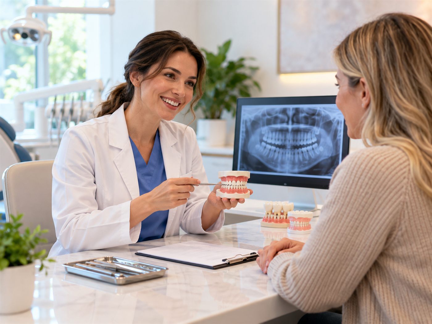 Bác sĩ nha khoa tư vấn cho bệnh nhân về trồng răng implant trong phòng khám sáng sạch