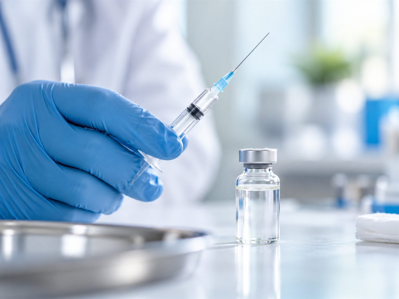 Lọ vắc xin và ống tiêm trong phòng khám, minh hoạ tiêm vắc xin HPV để phòng ngừa