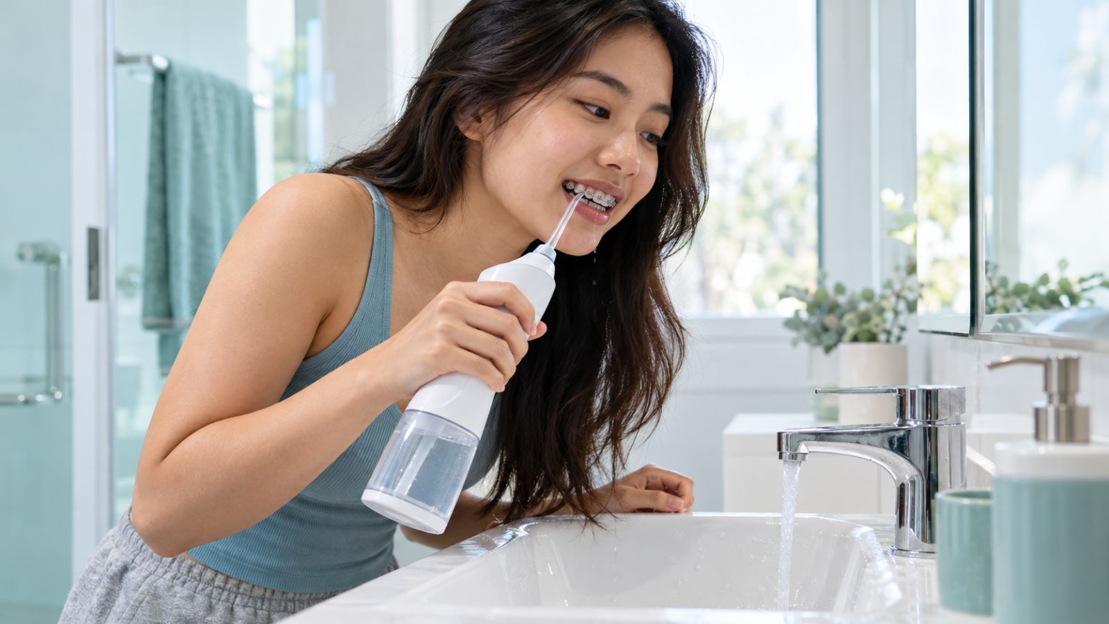 Người niềng răng dùng tăm nước làm sạch quanh mắc cài trước bồn rửa