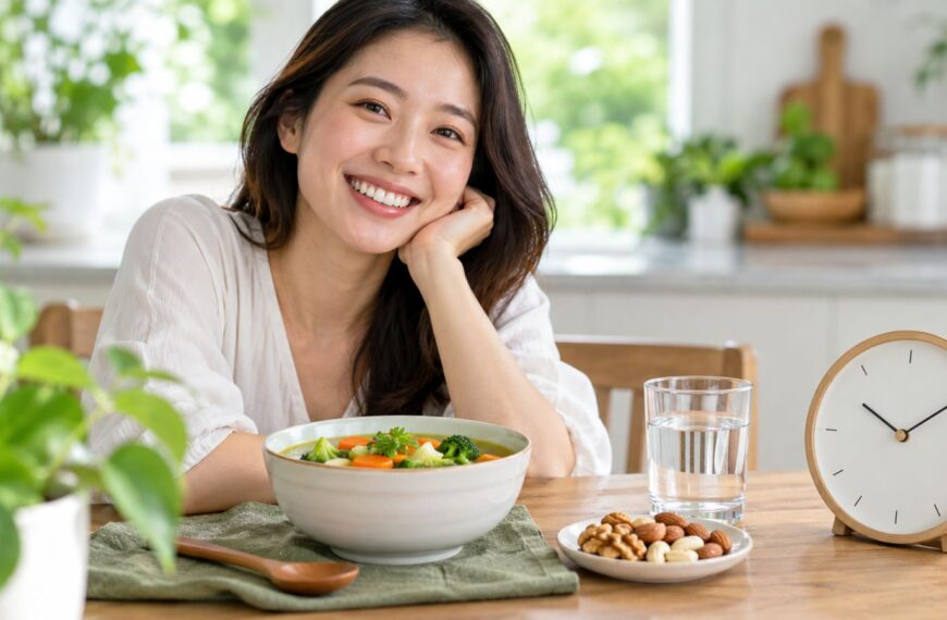 Bữa ăn nhẹ cạnh đồng hồ và nụ cười nướu hồng khỏe, minh hoạ ăn kiêng nhịn ăn ảnh hưởng nướu răng
