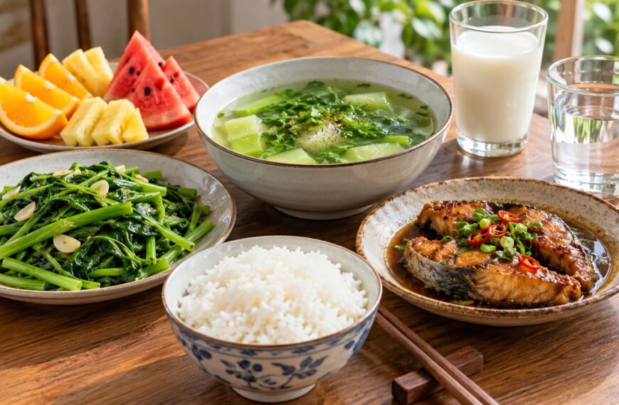 Bữa cơm gia đình Việt với rau muống xào, cá kho, canh rau, trái cây, ly sữa và nước lọc