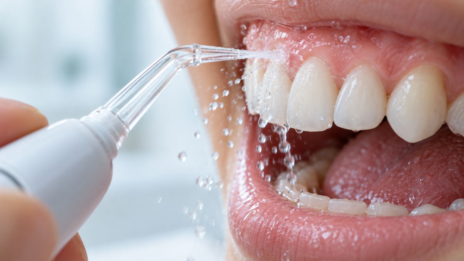 Cách dùng tăm nước đúng: đặt đầu vòi vuông góc, hướng vào viền nướu