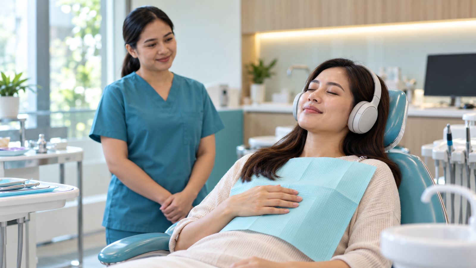 Bệnh nhân đeo tai nghe thư giãn trên ghế nha để giảm lo âu khi chữa răng