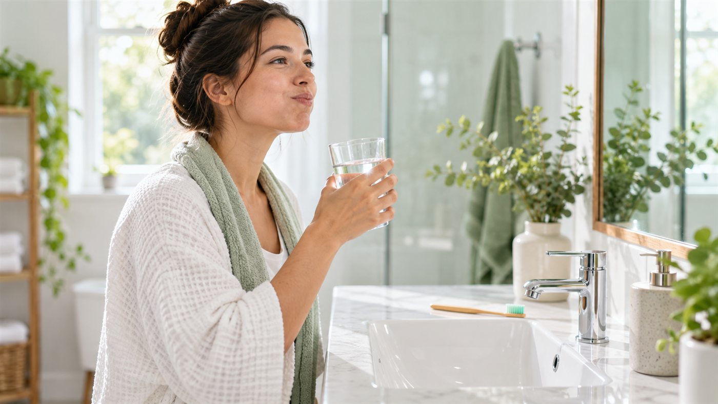 Người trưởng thành súc miệng bằng nước sạch trong phòng tắm khi đang bị cảm cúm