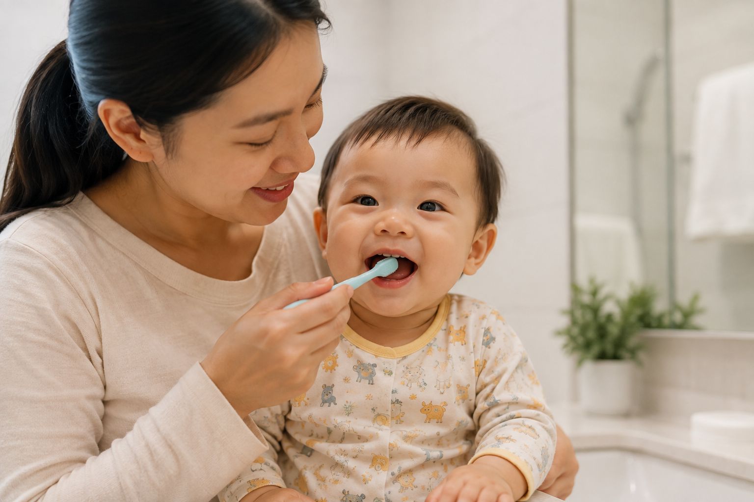 Ba mẹ nhẹ nhàng chải răng và chăm sóc răng miệng cho bé tại nhà