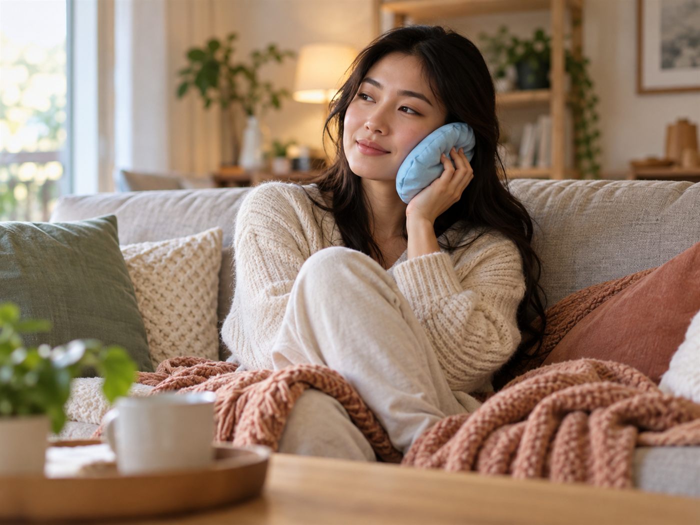 Người bệnh chườm túi lạnh lên má để giảm sưng đau sau khi nhổ răng khôn