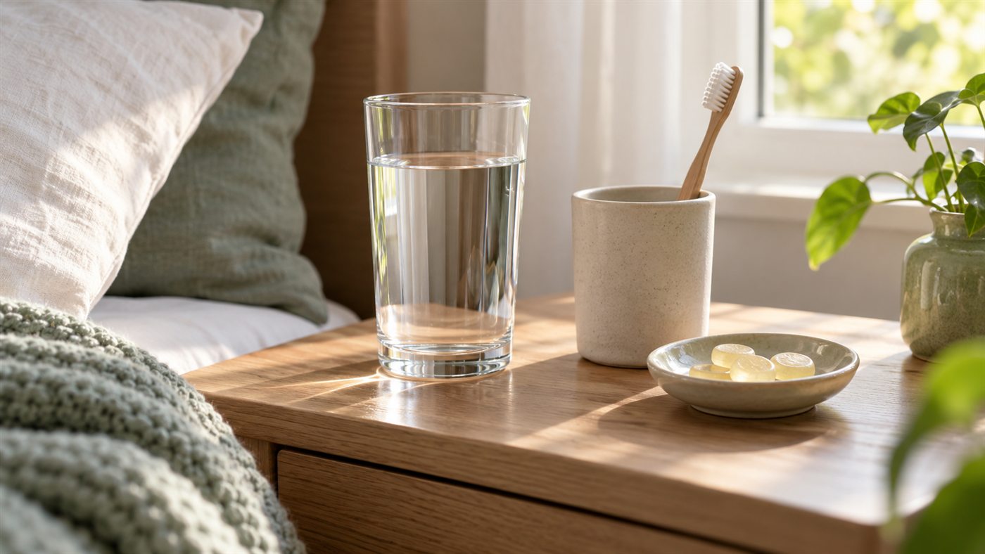 Cốc nước, bàn chải và viên ngậm không đường trên bàn cạnh giường người bị cúm