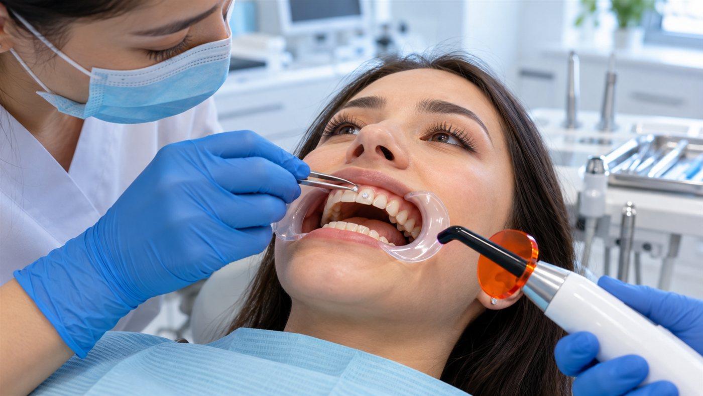Bác sĩ đính đá lên răng cho bệnh nhân tại phòng khám nha khoa