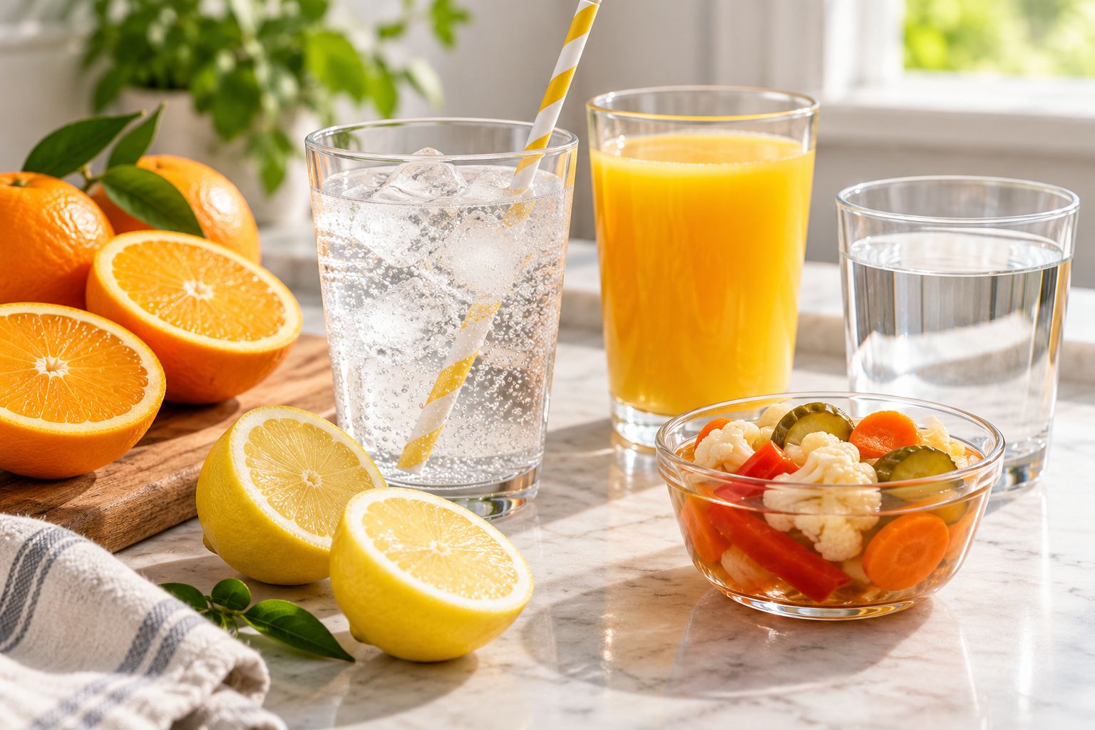Cam, chanh, nước có ga, nước cam ép và đồ chua ngâm cạnh ly nước lọc trên bàn bếp