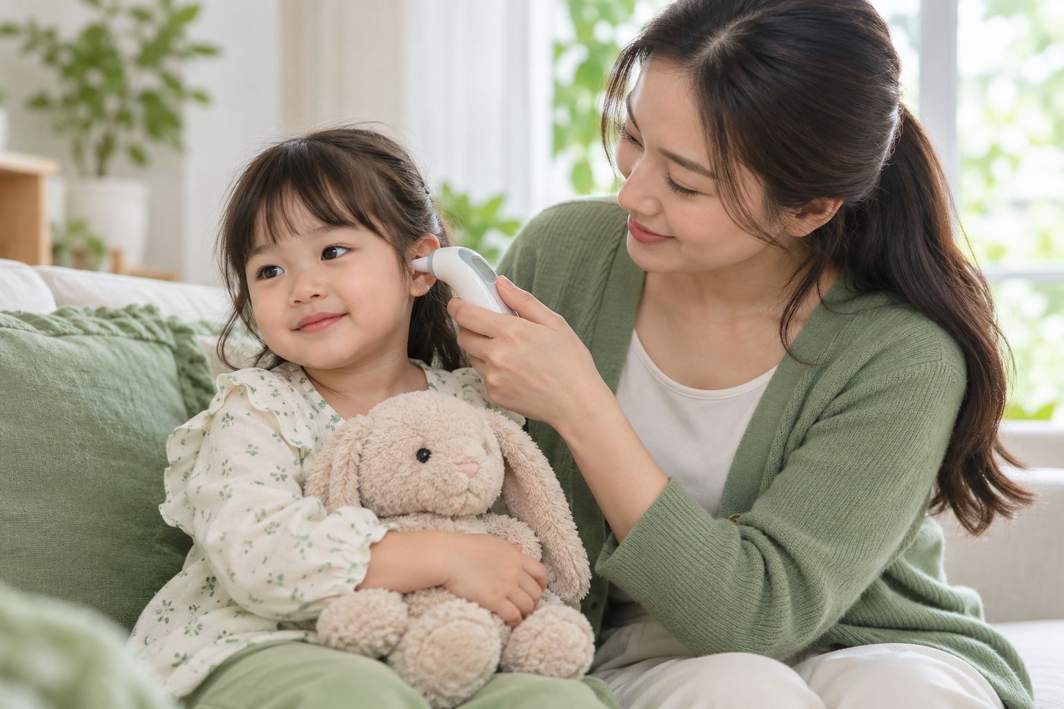 Mẹ đo nhiệt độ cho bé bằng nhiệt kế đo tai khi nghi trẻ bị tay chân miệng