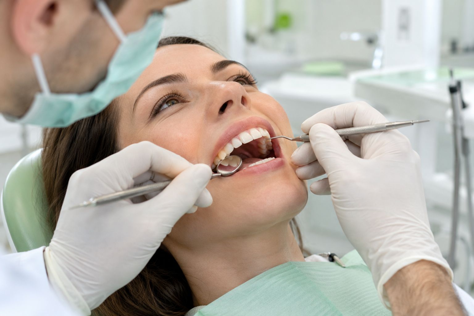 Bác sĩ nha khoa dùng gương và dụng cụ khám kiểm tra nướu, phát hiện sớm viêm nha chu