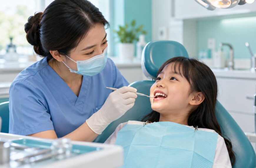 Bác sĩ nha khoa khám răng cho học sinh tiểu học Việt Nam tại phòng khám sáng sủa