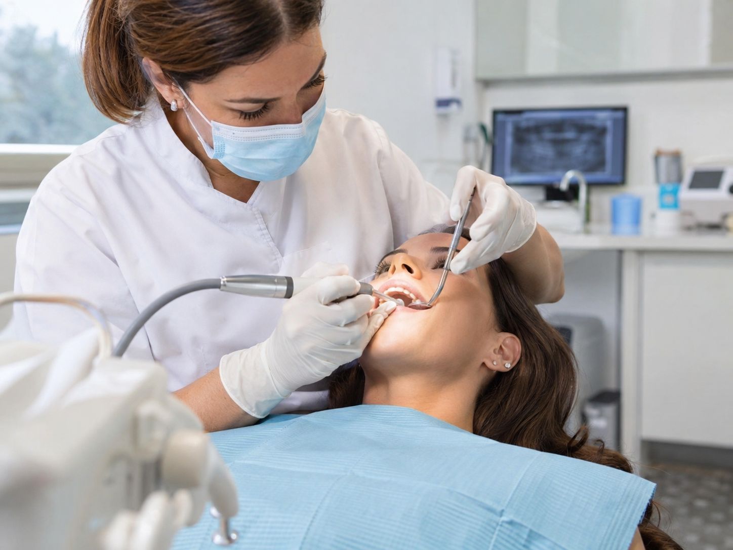Bác sĩ khám răng và cạo vôi định kỳ cho bệnh nhân