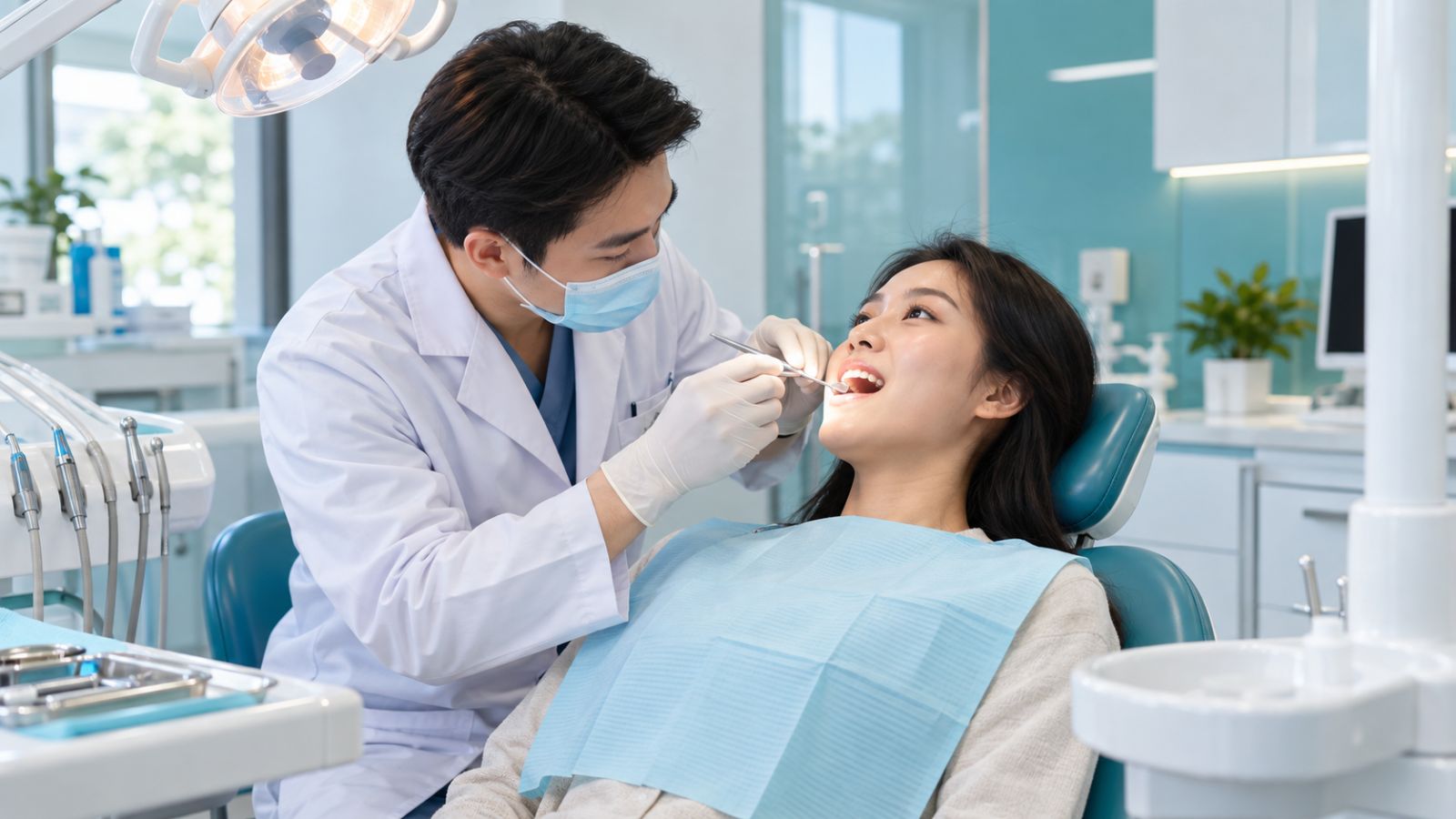Bác sĩ khám răng cho bệnh nhân để tìm vết nứt răng tại phòng khám nha khoa