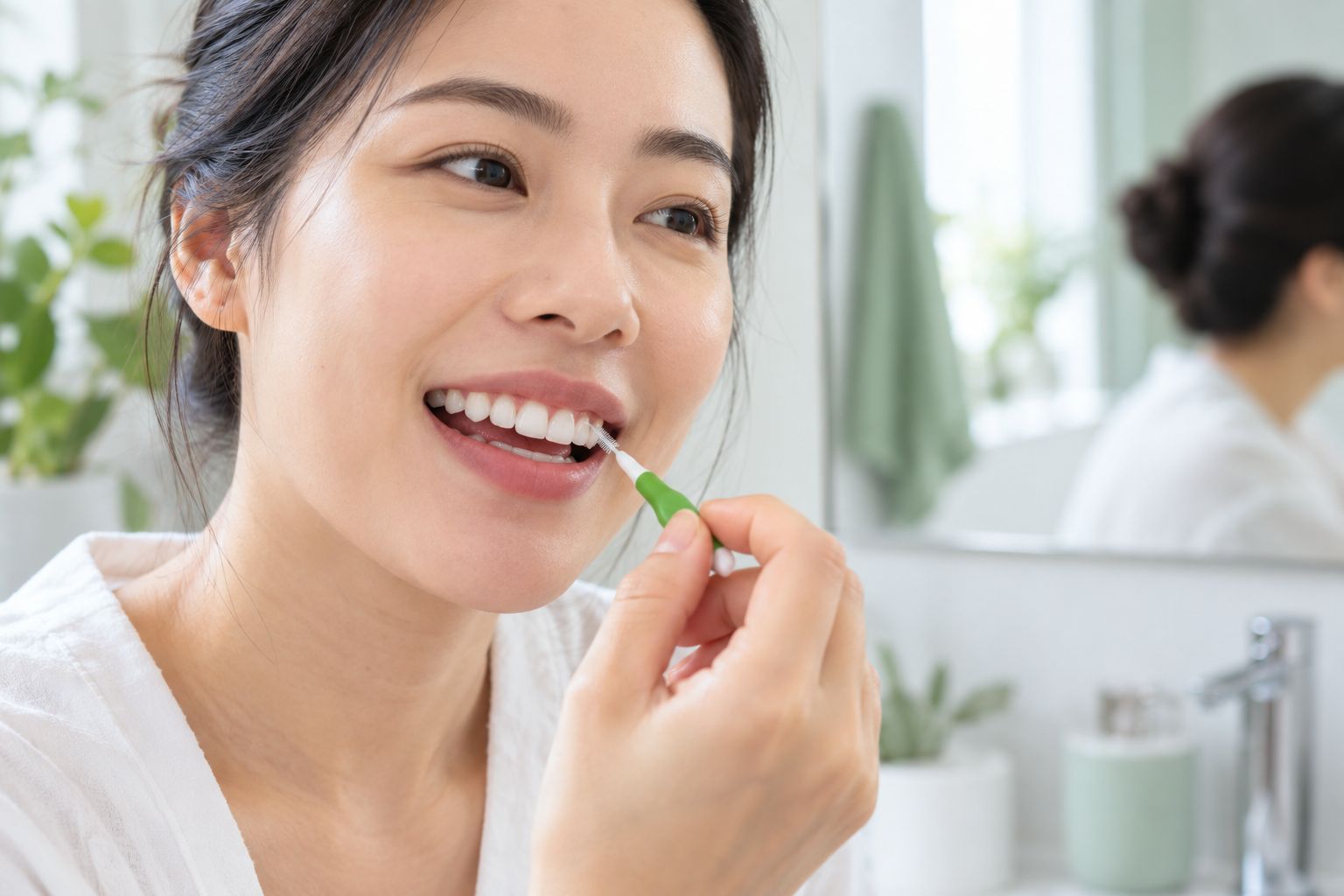 Người dùng bàn chải kẽ làm sạch kẽ răng để chăm sóc nướu mỗi ngày