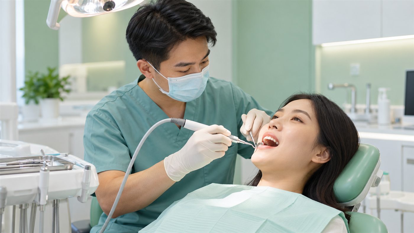 Bác sĩ lấy cao răng cho bệnh nhân trên ghế nha khoa