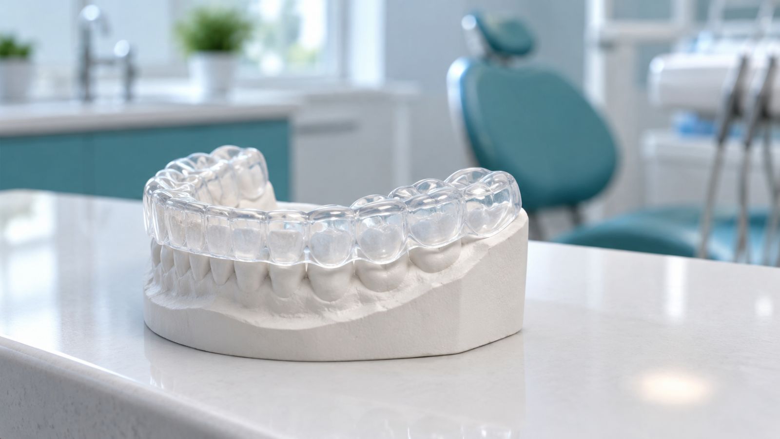 Máng chống nghiến trong suốt trên mẫu hàm giúp bảo vệ răng khỏi lực siết hàm