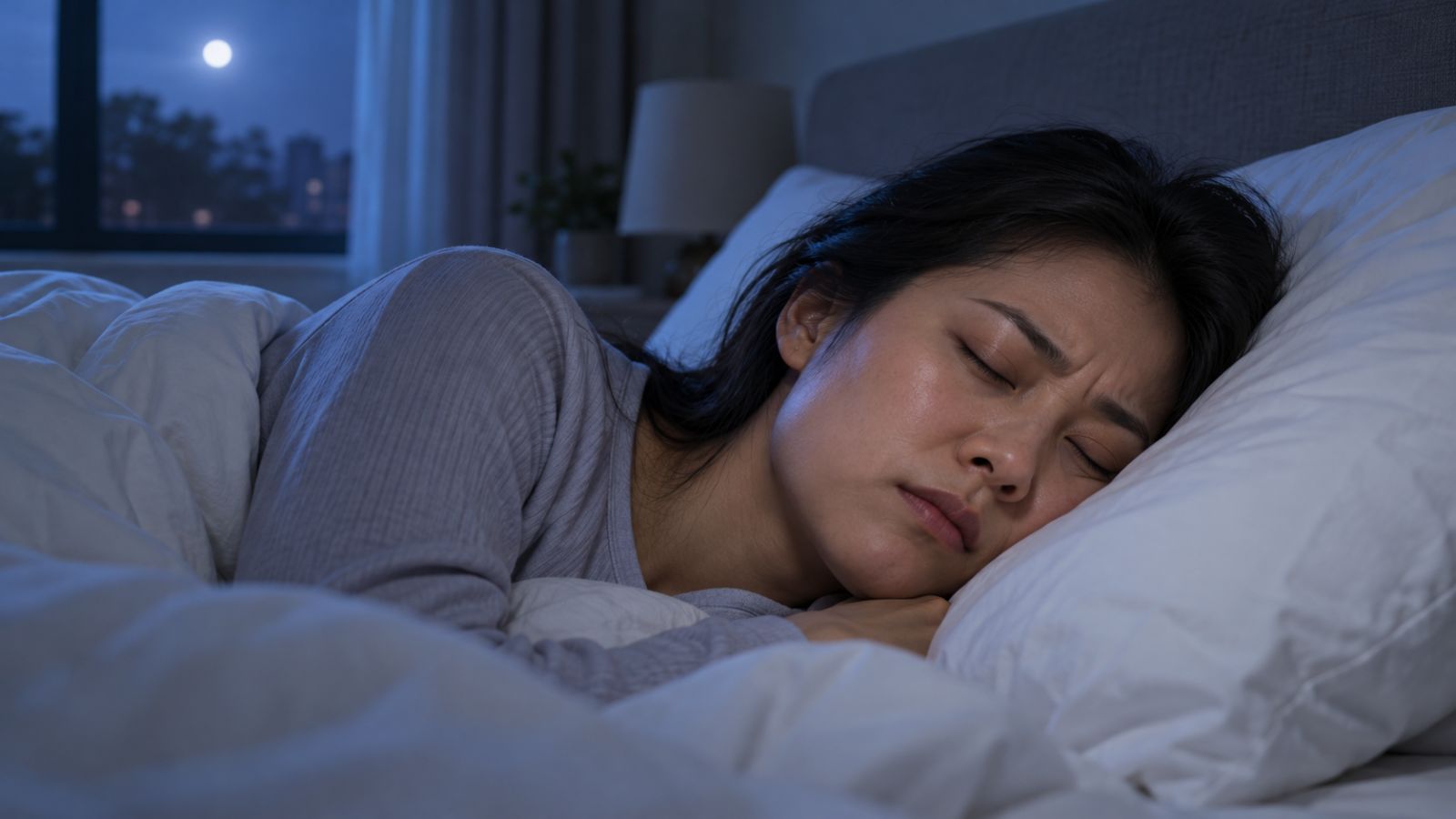 Người phụ nữ nhăn mặt khi ngủ do nghiến răng ban đêm gây nứt răng
