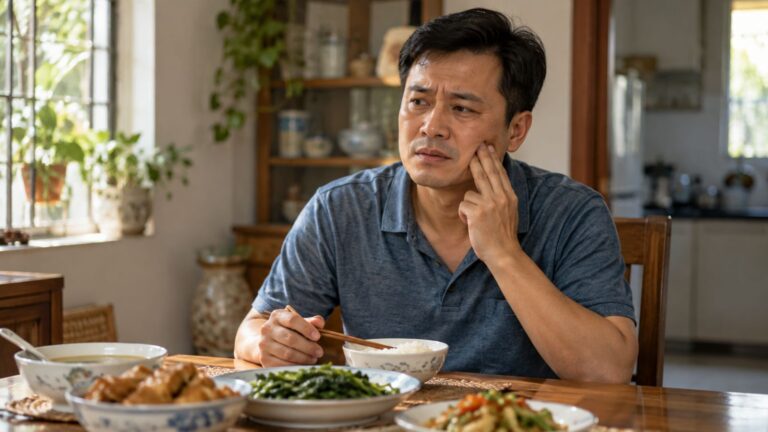 Người đàn ông nhăn mặt ôm má vì răng bị nứt đau nhói khi đang ăn cơm