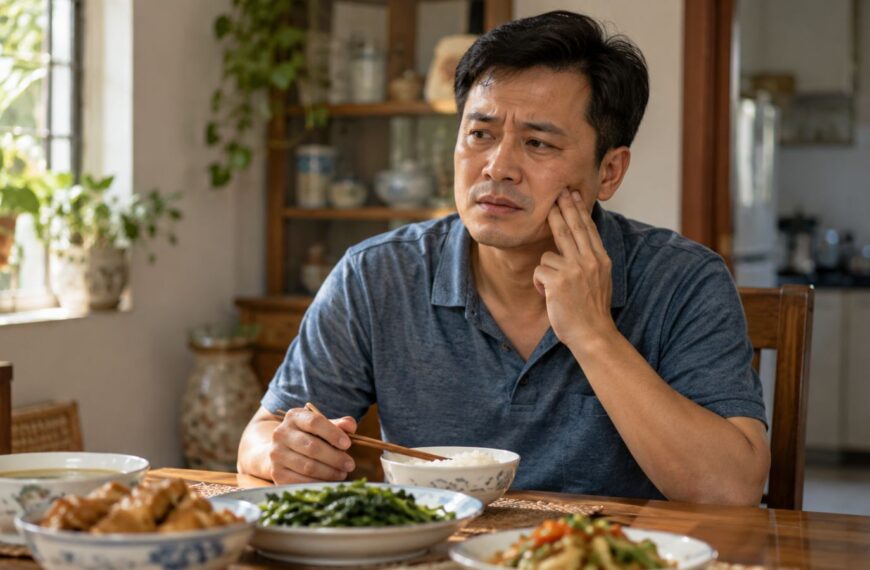 Người đàn ông nhăn mặt ôm má vì răng bị nứt đau nhói khi đang ăn cơm