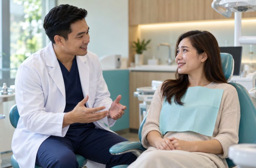 Bác sĩ nha khoa trò chuyện trấn an bệnh nhân đang lo lắng trên ghế nha