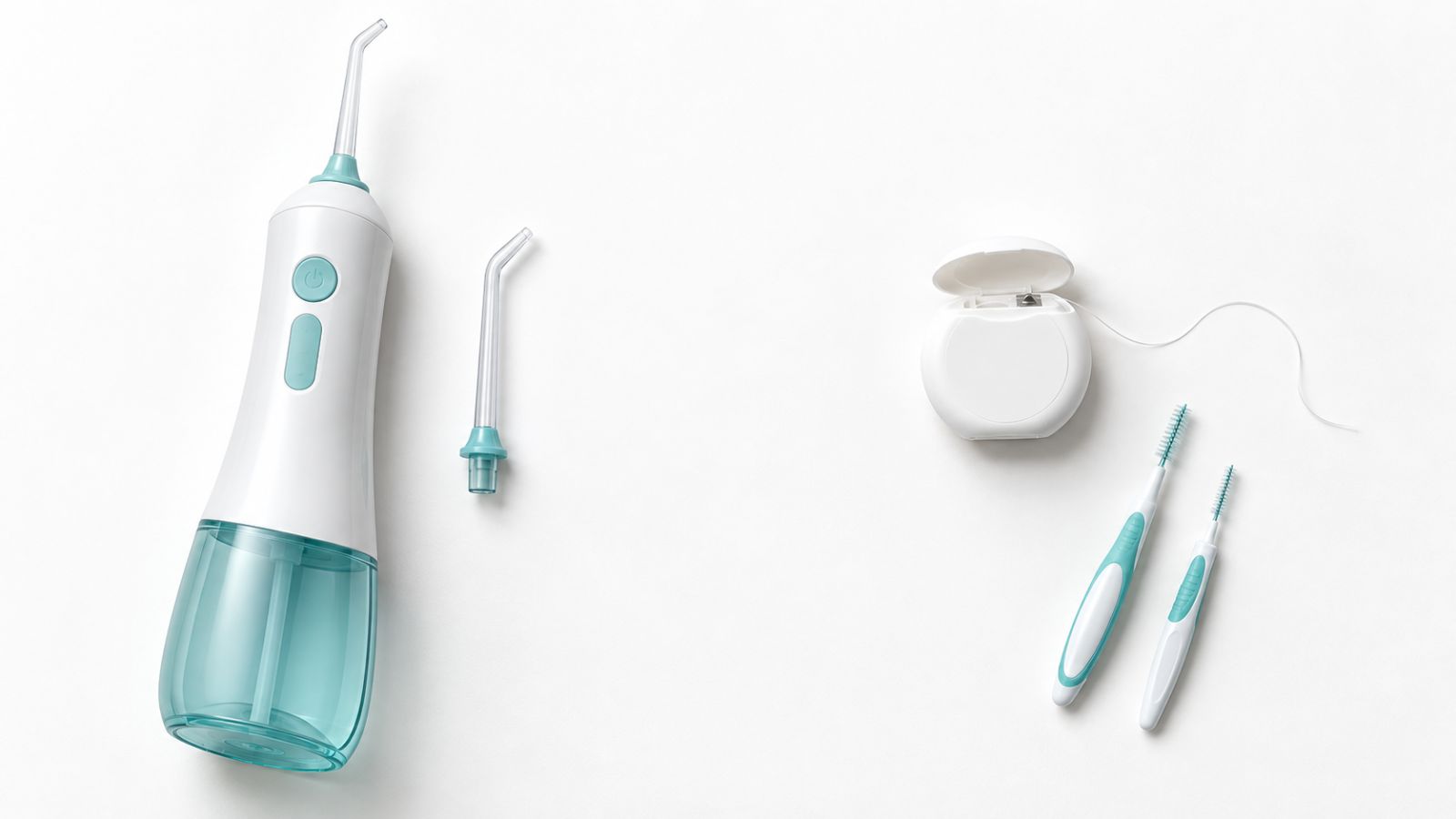 So sánh máy tăm nước và cuộn chỉ nha khoa đặt cạnh nhau