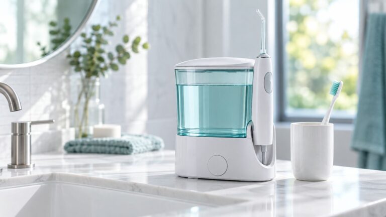 Máy tăm nước và bàn chải trên kệ phòng tắm sạch sẽ