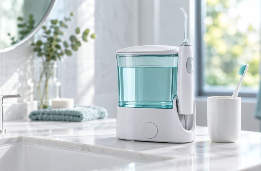 Máy tăm nước và bàn chải trên kệ phòng tắm sạch sẽ