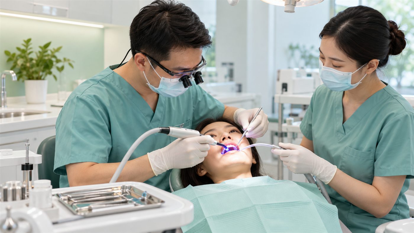 Bác sĩ trám răng điều trị sâu răng cho bệnh nhân tại phòng khám