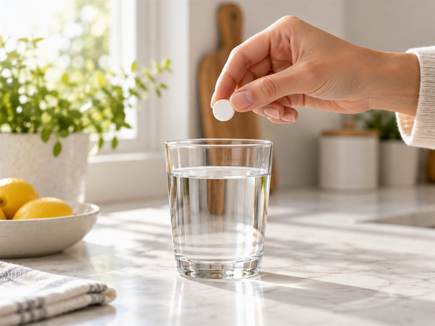 Vỉ thuốc giảm đau thông dụng và ly nước ấm chuẩn bị uống sau khi nhổ răng